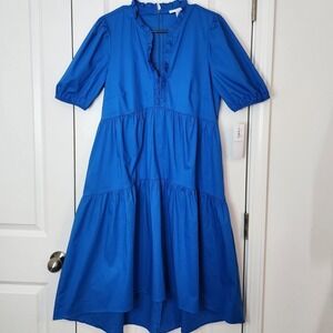 London Times Ruffle Midi Dress Hi-Lo Tiered Short Sleeve Blue Size 8